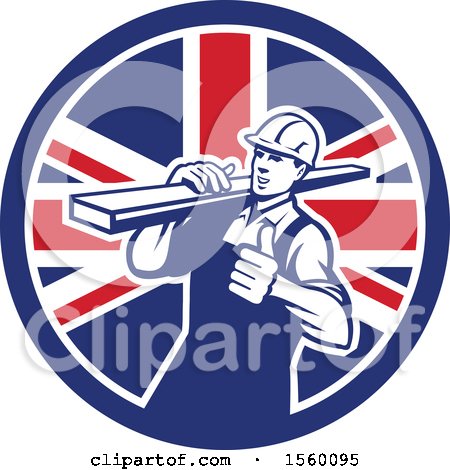 Clipart of a Retro Male Carpenter Carrying Lumber and Giving a Thumb up in a Union Jack Flag Circle - Royalty Free Vector Illustration by patrimonio
