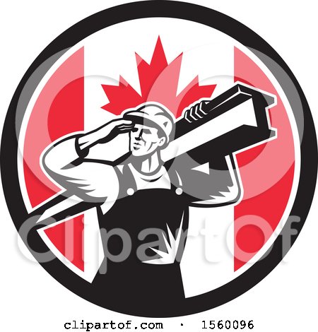 Clipart of a Retro Male Construction Worker Shielding His Eyes and Carrying a Beam in a Canadian Flag Circle - Royalty Free Vector Illustration by patrimonio