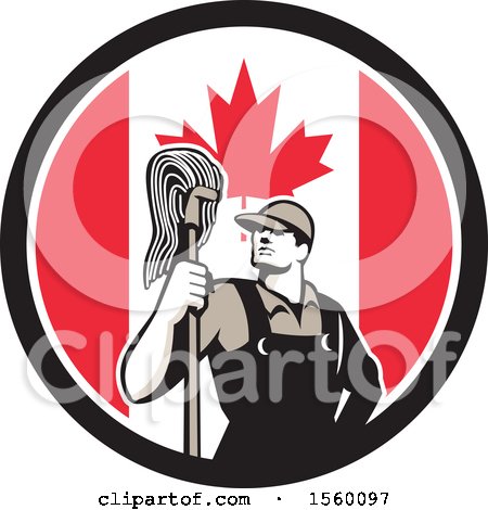 Clipart of a Retro Male Janitor with a Mop in a Canadian Flag Circle - Royalty Free Vector Illustration by patrimonio