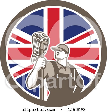 Clipart of a Retro Male Janitor with a Mop in a Union Jack Flag Circle - Royalty Free Vector Illustration by patrimonio