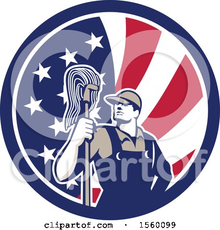 Clipart of a Retro Male Janitor with a Mop in an American Flag Circle - Royalty Free Vector Illustration by patrimonio