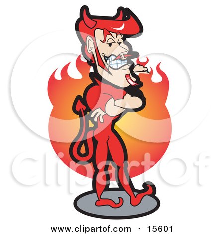 Muscular Male Devil Standing With His Arms Crossed In Front Of A Big Fire Clipart Illustration by Andy Nortnik