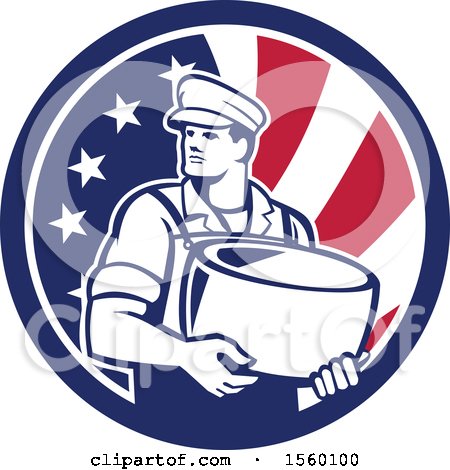 Clipart of a Retro Male Cheesemaker Holding a Parmesan Round in an American Flag Circle - Royalty Free Vector Illustration by patrimonio