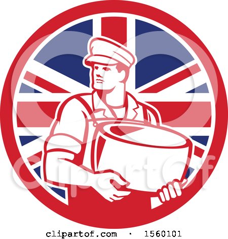 Clipart of a Retro Male Cheesemaker Holding a Parmesan Round in a Union Jack Flag Circle - Royalty Free Vector Illustration by patrimonio