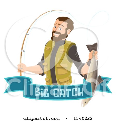 Clipart of a Man Holding a Caught Fish over a Big Catch Banner - Royalty Free Vector Illustration by Vector Tradition SM