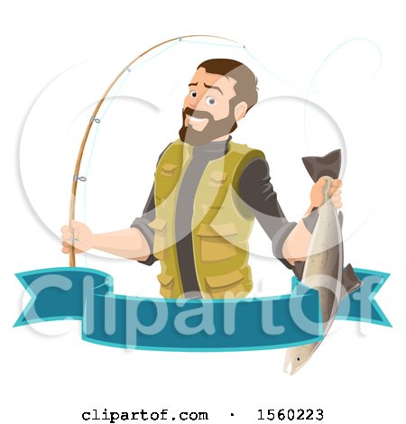 Clipart of a Man Holding a Caught Fish over a Banner - Royalty Free Vector Illustration by Vector Tradition SM