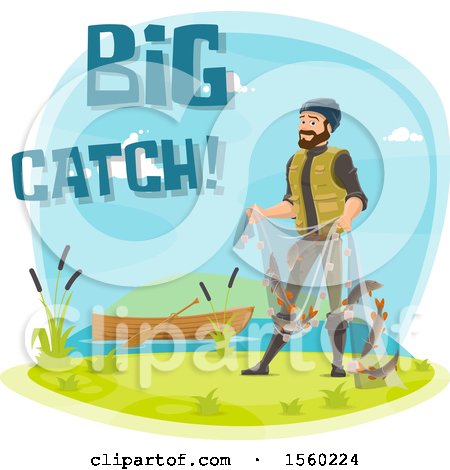 Clipart of a Man with Fish in a Net and Big Catch Text - Royalty Free Vector Illustration by Vector Tradition SM