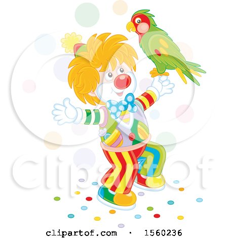 Clipart of a Cute Clown Holding a Parrot - Royalty Free Vector Illustration by Alex Bannykh