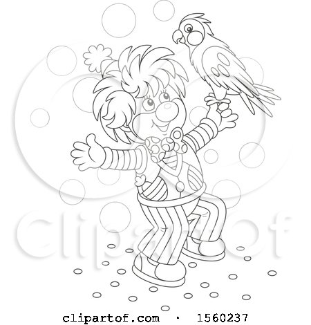 Clipart of a Lineart Clown with a Parrot - Royalty Free Vector Illustration by Alex Bannykh