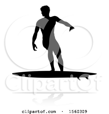 Clipart of a Silhouetted Surfer with a Reflection or Shadow, on a White Background - Royalty Free Vector Illustration by AtStockIllustration
