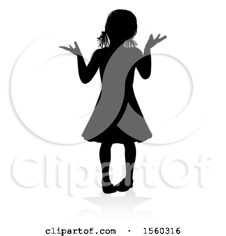 Clipart of a Silhouetted Girl Shrugging, with a Reflection or Shadow, on a White Background - Royalty Free Vector Illustration by AtStockIllustration