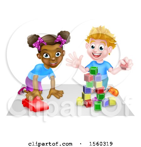 Clipart of a Black Girl and White Boy Playing with a Toy Car and Blocks - Royalty Free Vector Illustration by AtStockIllustration