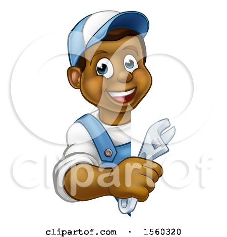 Clipart of a Cartoon Happy Black Male Plumber Holding an Adjustable Wrench Around a Sign - Royalty Free Vector Illustration by AtStockIllustration