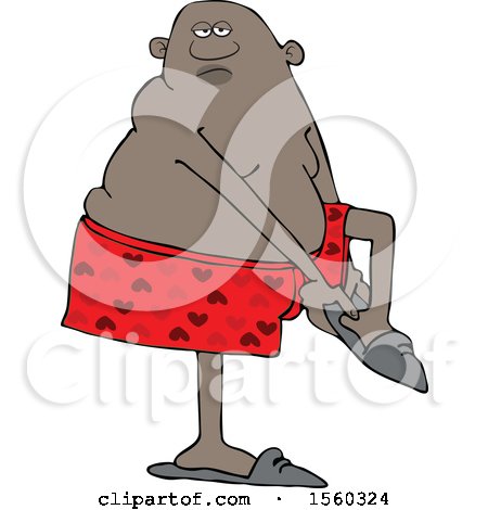 Clipart of a Cartoon Black Man Putting His Slippers on - Royalty Free Vector Illustration by djart