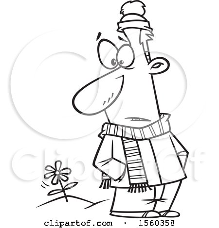 Clipart of a Cartoon Lineart Man in Winter Clothes, Seeing a Spring Flower - Royalty Free Vector Illustration by toonaday