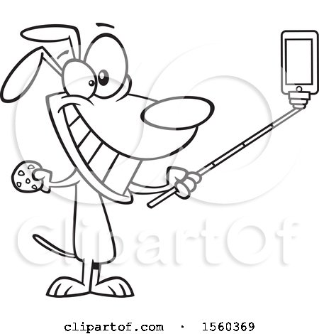 Clipart of a Cartoon Lineart Dog Taking a Selfie with a Stick - Royalty Free Vector Illustration by toonaday