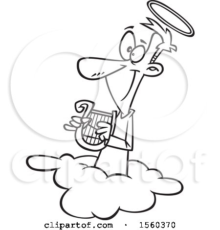 Clipart of a Cartoon Lineart Male Angel Holding a Lyre on a Cloud - Royalty Free Vector Illustration by toonaday