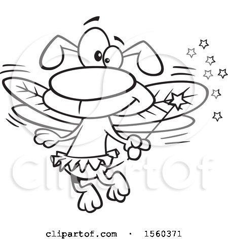 Clipart of a Cartoon Lineart Fairy Dog Holding a Wand - Royalty Free Vector Illustration by toonaday
