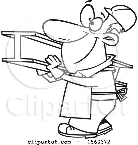 Clipart of a Cartoon Lineart Steel Worker Carrying a Beam - Royalty Free Vector Illustration by toonaday