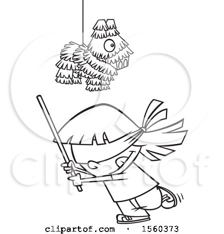 Clipart of a Cartoon Lineart Girl Swinging a Stick Under a Pinata - Royalty Free Vector Illustration by toonaday