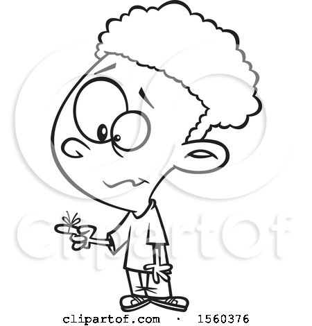 Clipart of a Cartoon Lineart Boy with a Reminder String on His Finger - Royalty Free Vector Illustration by toonaday