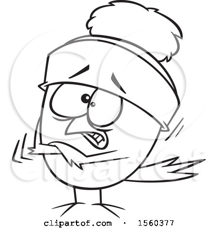 Clipart of a Cartoon Lineart Shivering Robin Bird - Royalty Free Vector Illustration by toonaday