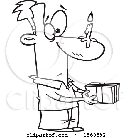 Clipart of a Cartoon Lineart Man Holding a Gift, with a Birthday Candle on His Nose - Royalty Free Vector Illustration by toonaday