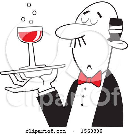 Clipart of a Black and White Man Serving a Glass of Red Wine, with a Red Bow - Royalty Free Vector Illustration by Johnny Sajem