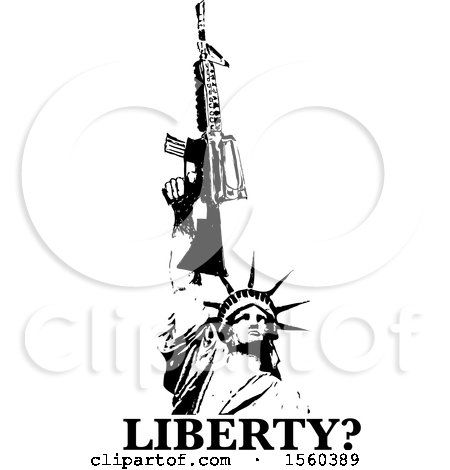 Clipart of a Black and White Statue of Liberty Holding up a Rifle over Text with a Question Mark - Royalty Free Vector Illustration by Dennis Holmes Designs