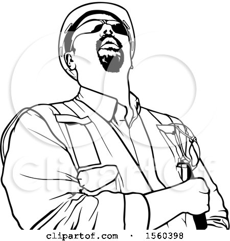 Clipart of a Black and White Construction Worker Looking up - Royalty Free Vector Illustration by dero
