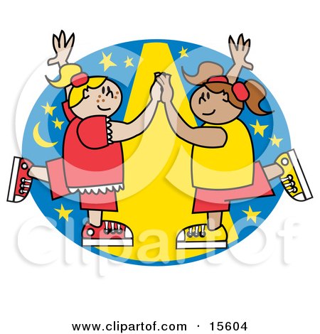 Two Happy Girls Dancing Together Under A Spotlight Clipart Illustration by Andy Nortnik