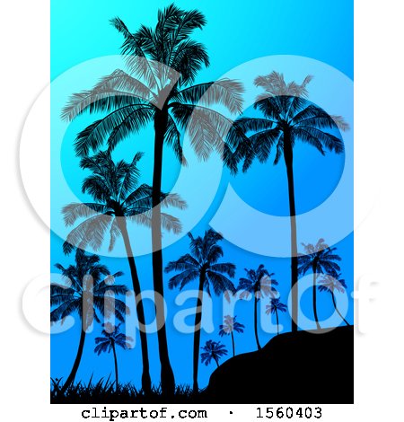 Clipart of a Background of Silhouetted Palm Trees Against a Blue Dawn or Dusk Sky - Royalty Free Vector Illustration by elaineitalia