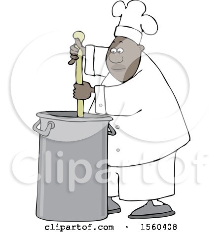 Clipart of a Cartoon Black Male Chef Stirring a Large Pot of Soup with a Spoon - Royalty Free Vector Illustration by djart
