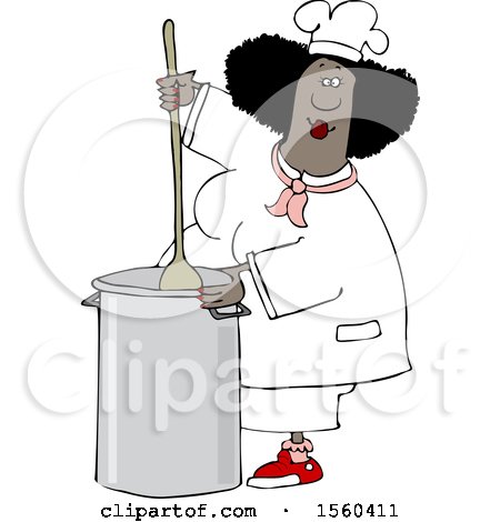 Clipart of a Cartoon Black Culinary Chef Woman Mixing a Pot of Food in a Kitchen - Royalty Free Vector Illustration by djart