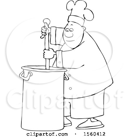 Clipart of a Cartoon Lineart Black Male Chef Stirring a Large Pot of Soup with a Spoon - Royalty Free Vector Illustration by djart