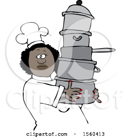 Clipart of a Happy Black Chef Woman in a White Hat and Uniform, Carrying a Large Stack of Pots - Royalty Free Vector Illustration by djart