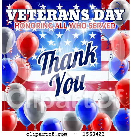 Clipart of a 3d Border of Patriotic Balloons over an American Themed Background with Veterans Day Honoring All Who Served Thank You Text - Royalty Free Vector Illustration by AtStockIllustration