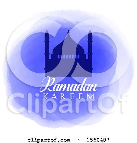 Clipart of a Ramadan Kareem Background with a Silhouetted Mosque on Watercolor - Royalty Free Vector Illustration by KJ Pargeter