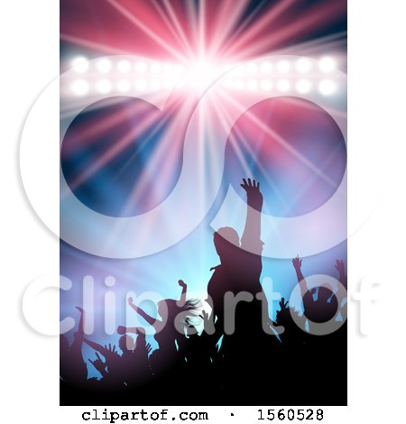 Clipart of a Silhouetted Dancing Crowd and Spotlight - Royalty Free Vector Illustration by KJ Pargeter