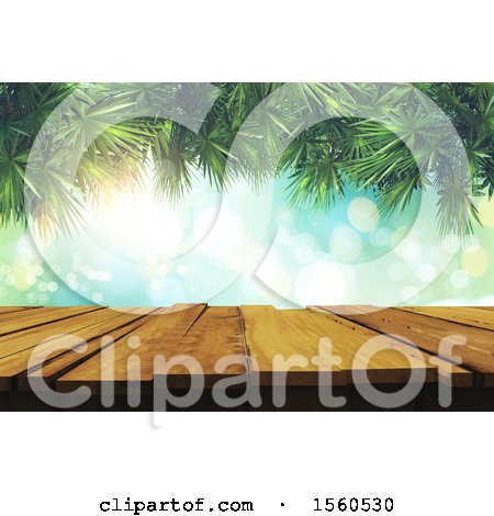 Clipart of a 3d Wood Table Surface with Flares and Palm Branches - Royalty Free Illustration by KJ Pargeter