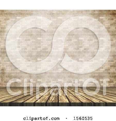 Clipart of a 3d Wood Surface Against a Brick Wall - Royalty Free Illustration by KJ Pargeter