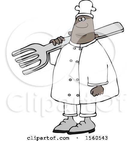 Clipart of a Black Male Chef in Carrying a Giant Fork over His Shoulder - Royalty Free Vector Illustration by djart