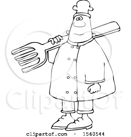 Clipart of a Lineart Black Male Chef in Carrying a Giant Fork over His Shoulder - Royalty Free Vector Illustration by djart
