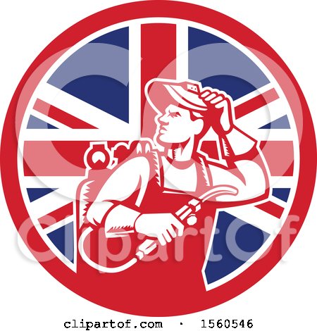 Clipart of a Retro Male Welder Looking Back over His Shoulder in a Union Jack Flag Circle - Royalty Free Vector Illustration by patrimonio