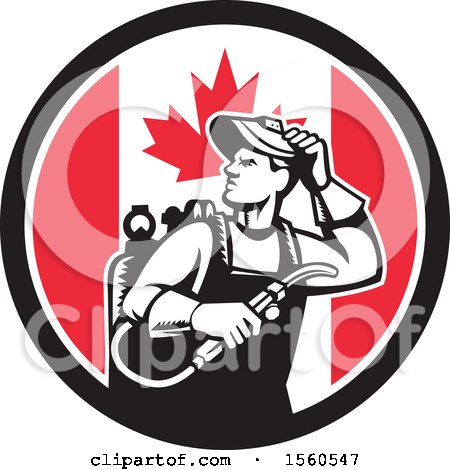 Clipart of a Retro Male Welder Looking Back over His Shoulder in a Canadian Flag Circle - Royalty Free Vector Illustration by patrimonio
