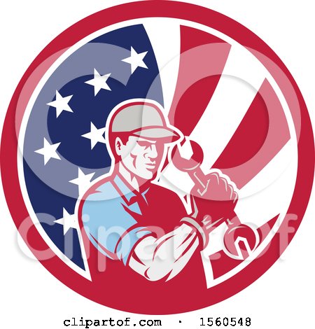Clipart of a Retro Handy Man or Mechanic Flexing and Holding a Spanner Wrench in an American Flag Circle - Royalty Free Vector Illustration by patrimonio