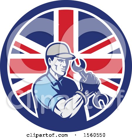 Clipart of a Retro Handy Man or Mechanic Flexing and Holding a Spanner Wrench in a Union Jack Flag Circle - Royalty Free Vector Illustration by patrimonio
