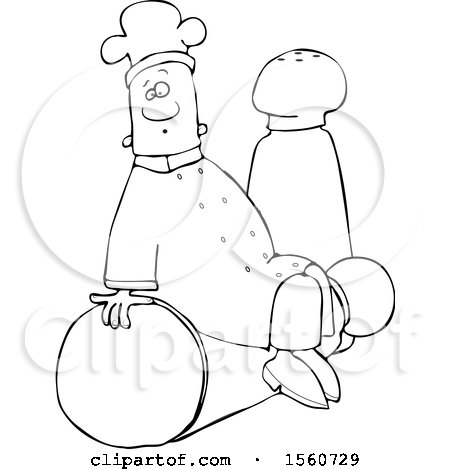 Clipart of a Lineart Black Male Chef Sitting on Top of a Tipped Salt Shaker in Front of a Pepper Shaker - Royalty Free Vector Illustration by djart