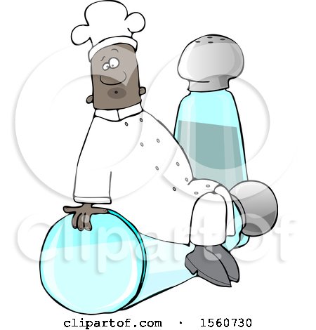 Clipart of a Black Male Chef Sitting on Top of a Tipped Salt Shaker in Front of a Pepper Shaker - Royalty Free Vector Illustration by djart