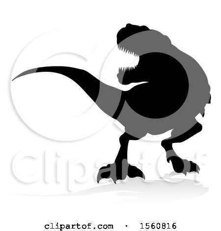 Clipart of a Black Silhouetted Tyrannossaurus Rex Dinosaur, with a Shadow on a White Background - Royalty Free Vector Illustration by AtStockIllustration